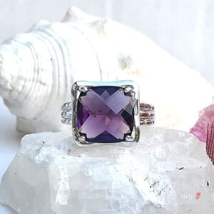 Cocktail Ring, Amethyst Purple, 925 Silver, Facetted Square Stone